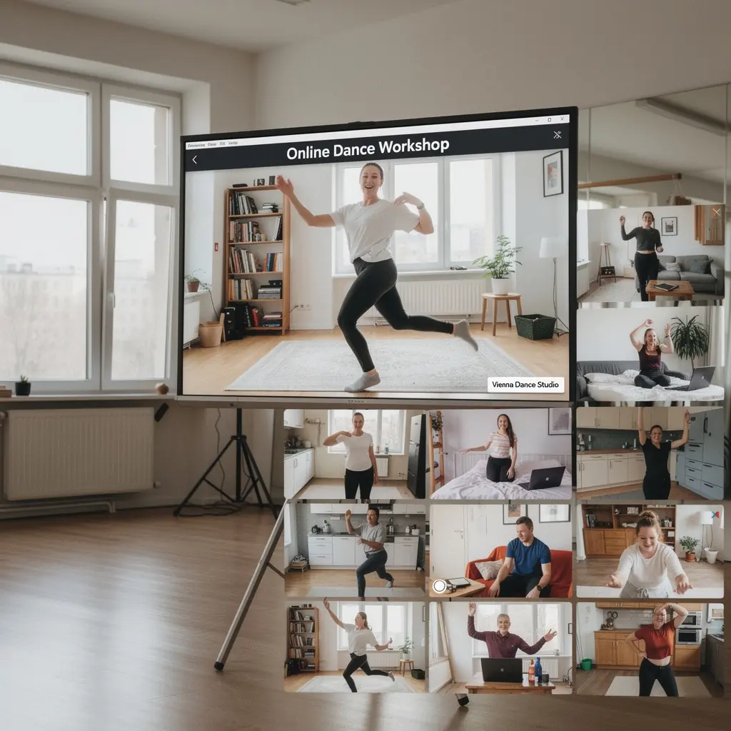 Eine Gruppe von Hip-Hop-Tänzern, die synchron auf einer Bühne tanzen.