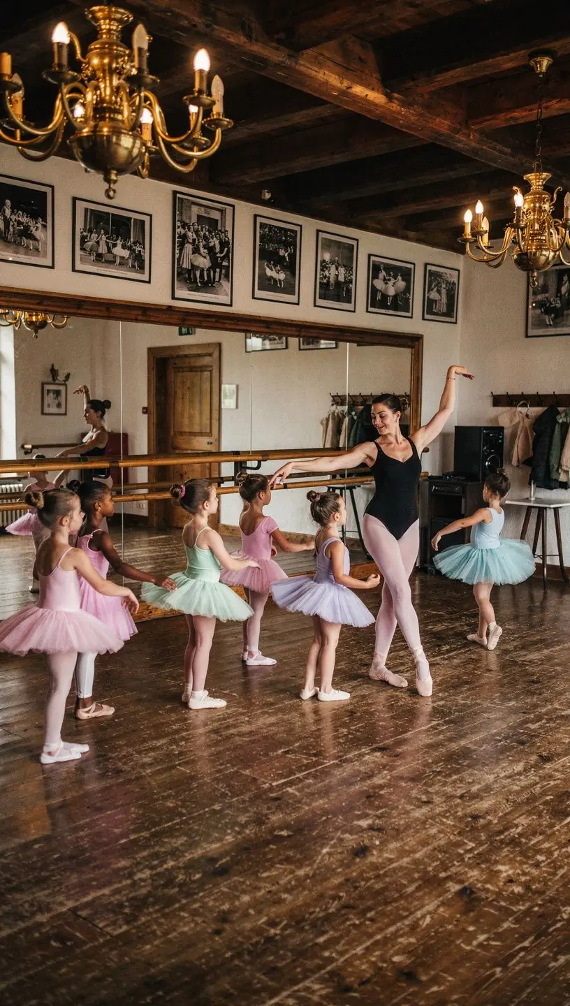 Eine Nahaufnahme von Tänzerschuhen, die auf dem Boden eines Tanzstudios stehen.