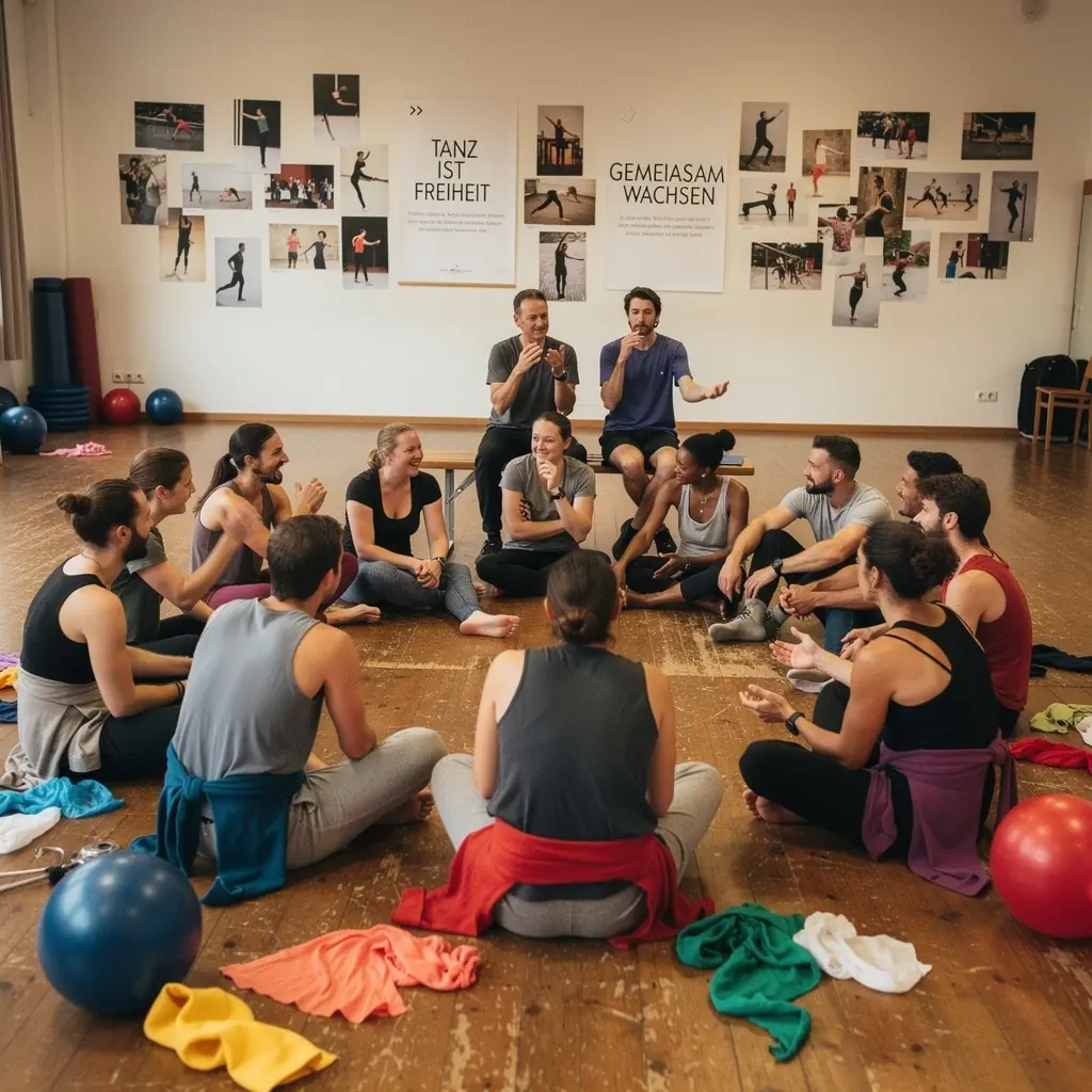 Ein Bildschirm mit einer virtuellen Tanzklasse, in der Schüler aktiv teilnehmen.