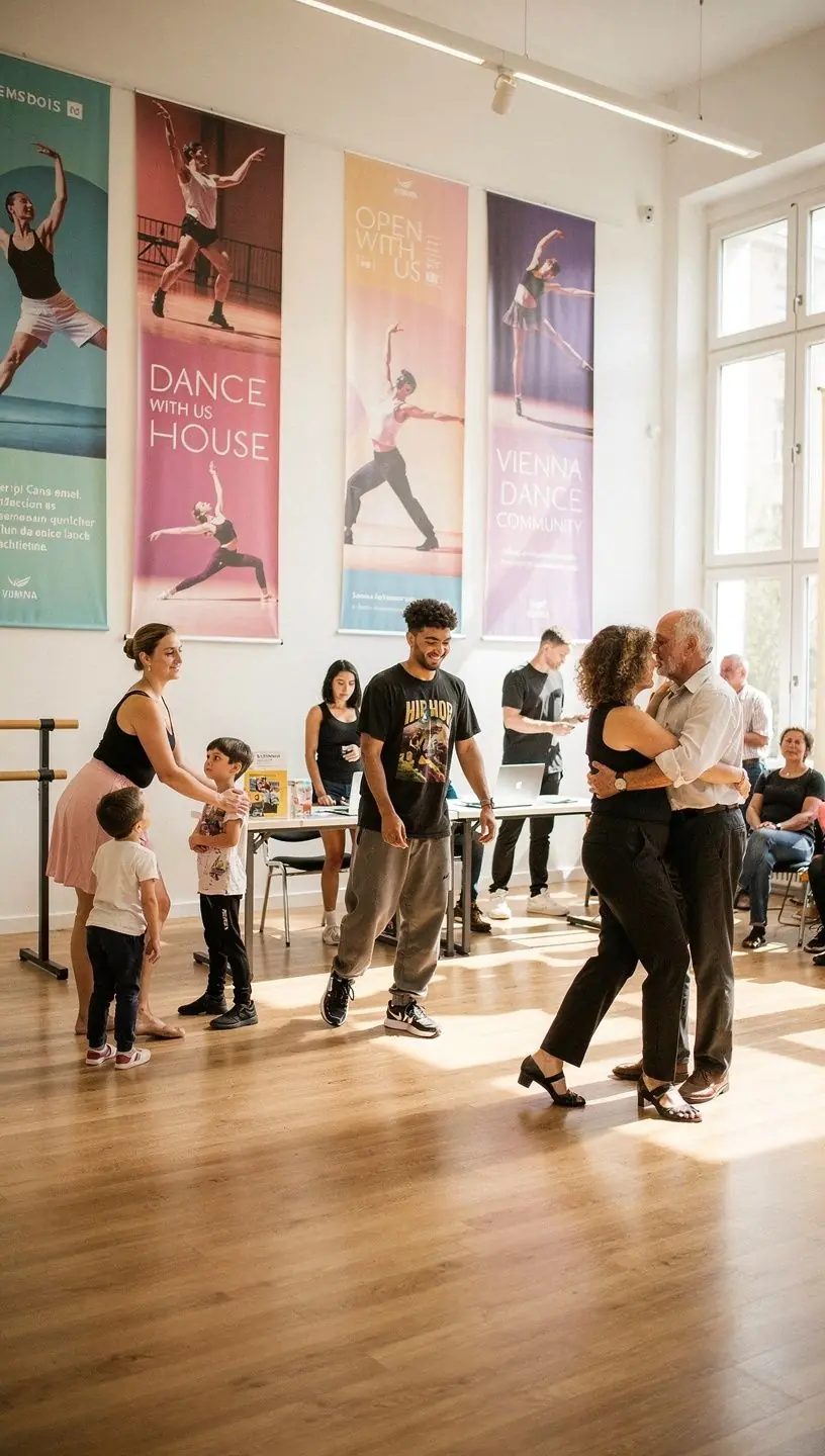 Tänzer, die in verschiedenen Stilen auf einer Online-Plattform miteinander interagieren.