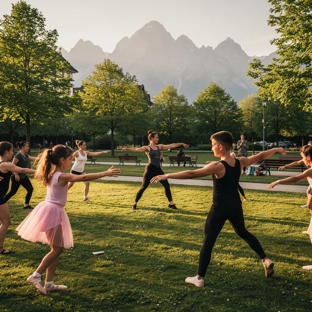 Eine Nahaufnahme von Tänzerschuhen, die auf dem Boden eines Tanzstudios stehen.