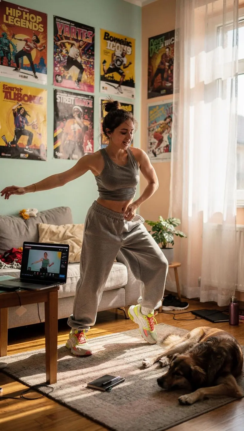 Eine Nahaufnahme von Tänzerschuhen, die auf dem Boden eines Tanzstudios stehen.